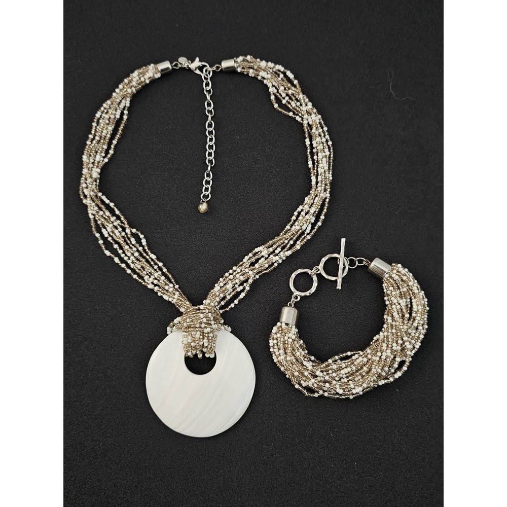 Premier Designs Mother of Pearl Shell Pendant Necklace Bracelet Set Multi Strand